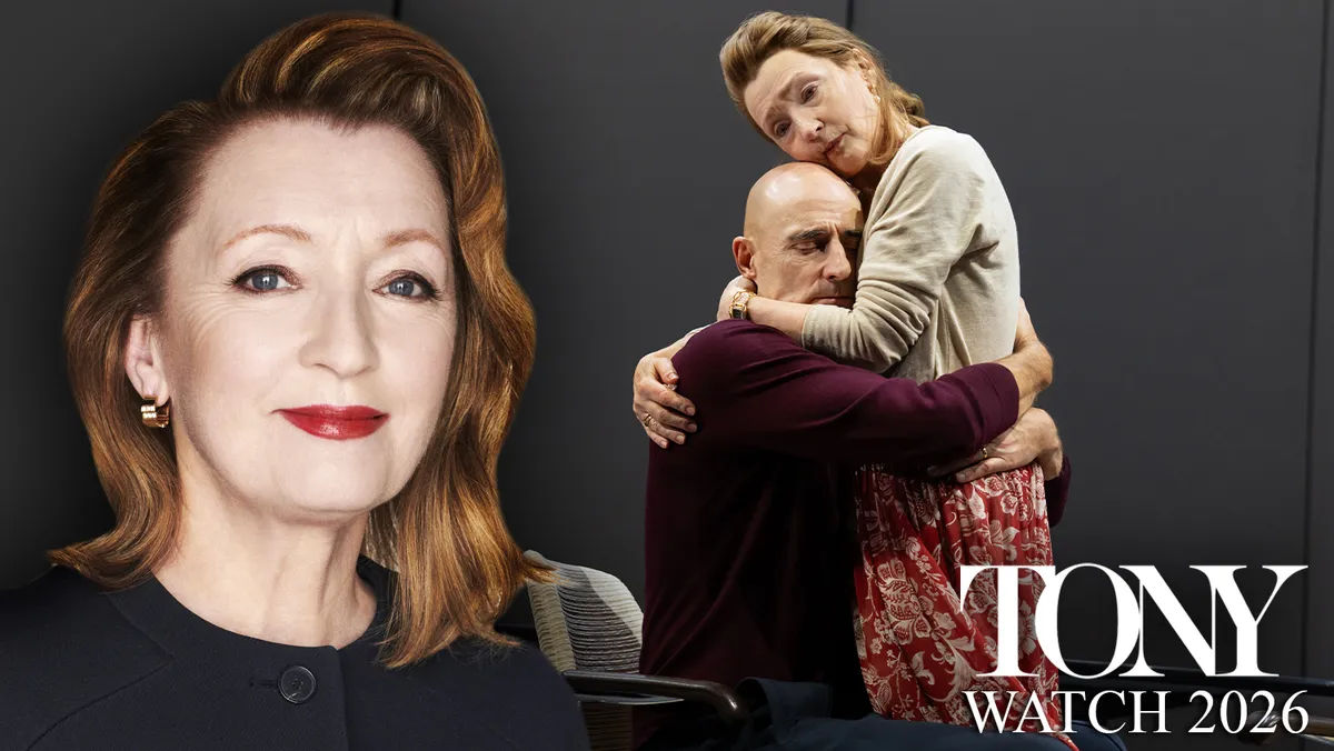 Lesley Manville on a theater stage.