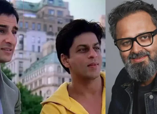 Shah Rukh Khan and Saif Ali Khan smiling in a movie scene