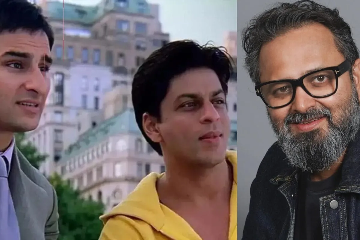 Shah Rukh Khan and Saif Ali Khan smiling in a movie scene