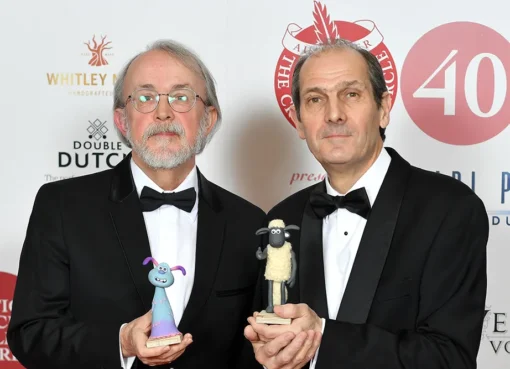 Peter Lord and David Sproxton, founders of Aardman Animations, smiling happily.