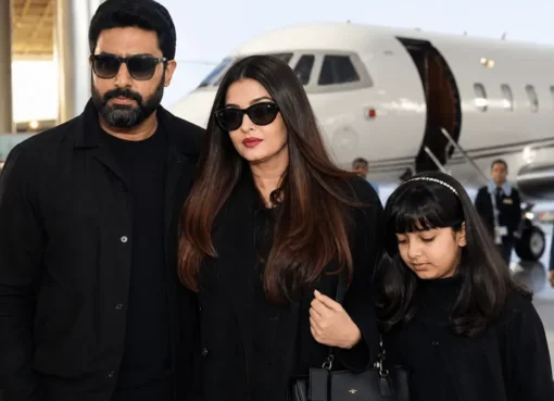 Aishwarya Rai, Abhishek Bachchan, and Aaradhya at the airport in matching all-black outfits.
