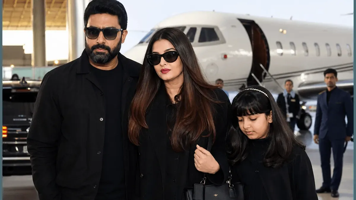 Aishwarya Rai, Abhishek Bachchan, and Aaradhya at the airport in matching all-black outfits.