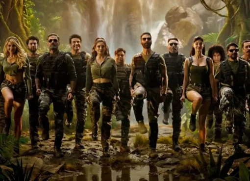 Akshay Kumar looking adventurous in a lush jungle setting.