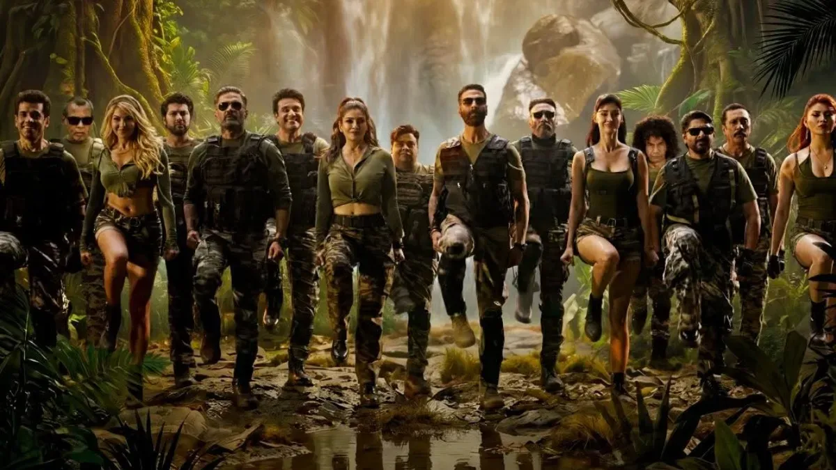 Akshay Kumar looking adventurous in a lush jungle setting.