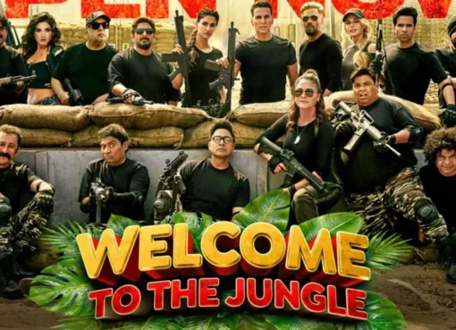 Akshay Kumar in a vibrant, jungle-themed scene from 'Welcome To The Jungle', looking intense.