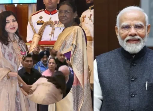 Singer Alka Yagnik bows respectfully to touch PM Modi's feet at the Padma Awards ceremony.