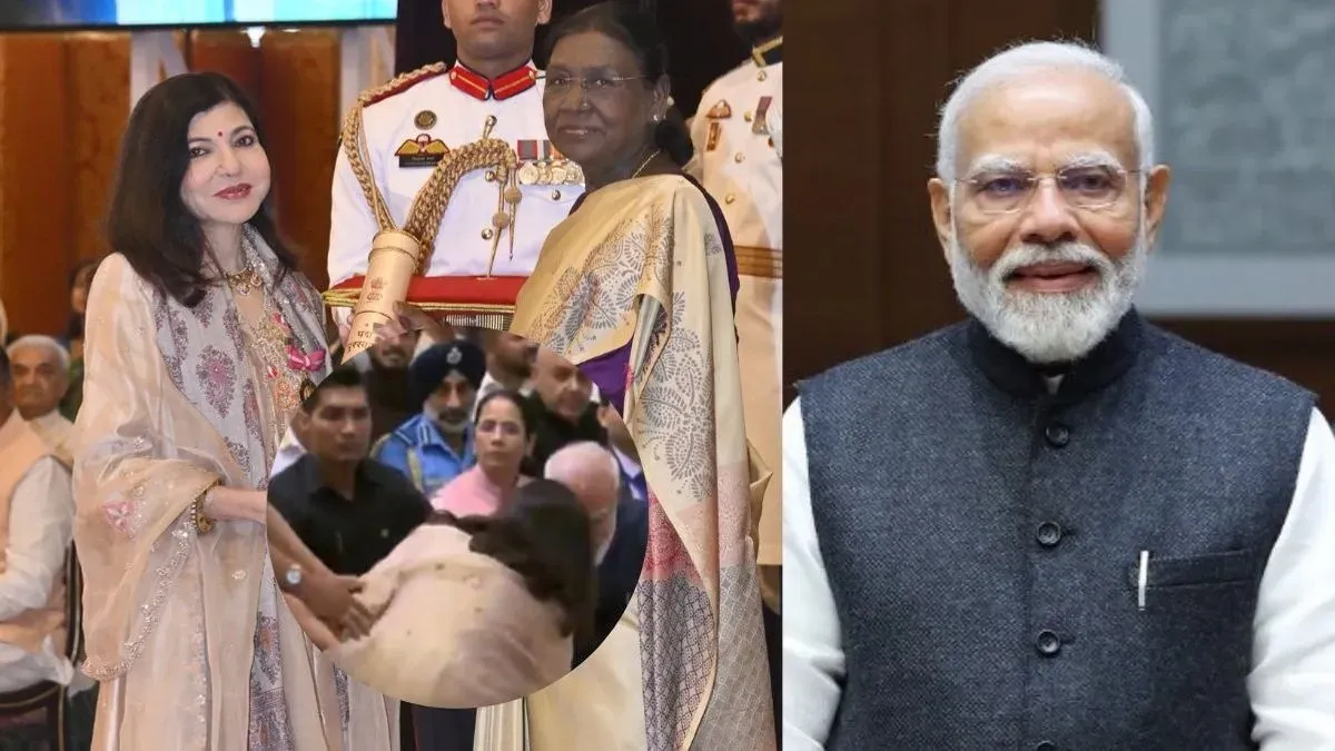Singer Alka Yagnik bows respectfully to touch PM Modi's feet at the Padma Awards ceremony.