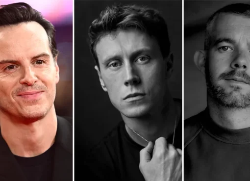Split image featuring headshots of Andrew Scott and George MacKay, with a book titled 'Starlings' by Russell Tovey in the center.