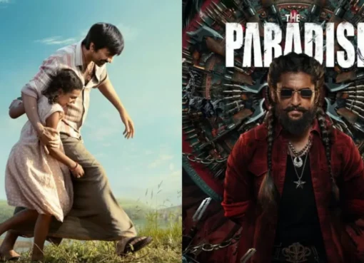 Two film posters, one for Nani's 'The Paradise' and one for Ravi Teja's 'Irumudi', side-by-side, hinting at a box office clash.
