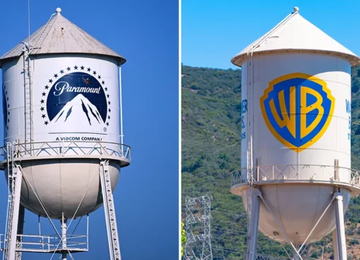 Combined logos of Paramount and Warner Bros. Discovery with the Union Jack in the background, symbolizing the UK's involvement.