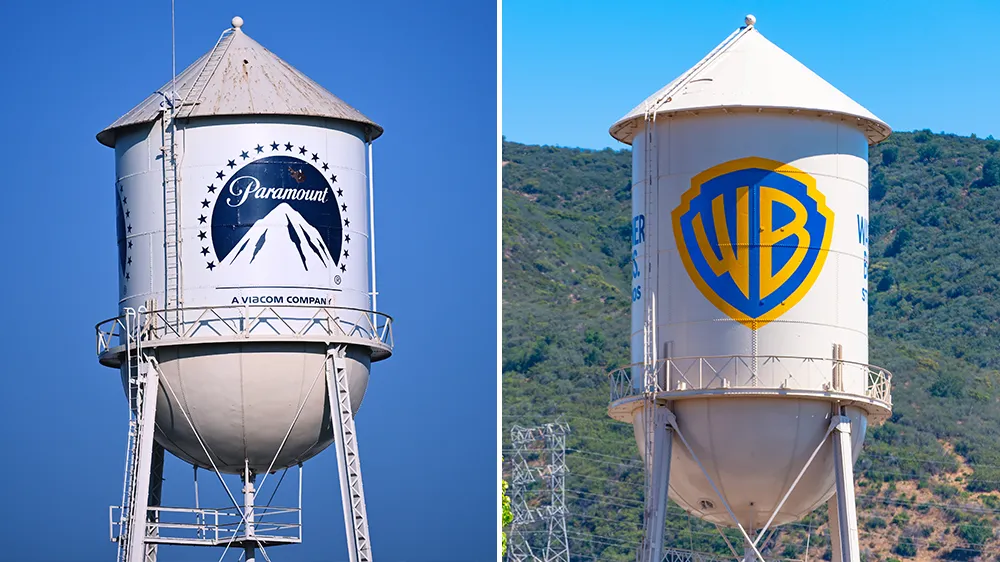 Combined logos of Paramount and Warner Bros. Discovery with the Union Jack in the background, symbolizing the UK's involvement.
