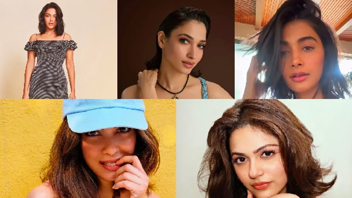 Bollywood actresses Diana Penty, Aneet Padda, and Pooja Hegde sporting stylish short bob haircuts.