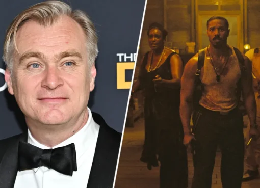 Christopher Nolan and Ryan Coogler chatting about filmmaking, possibly on a film set.