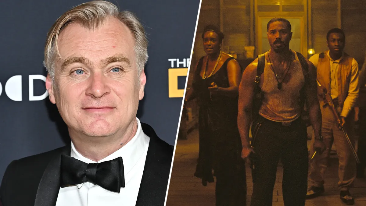 Christopher Nolan and Ryan Coogler chatting about filmmaking, possibly on a film set.