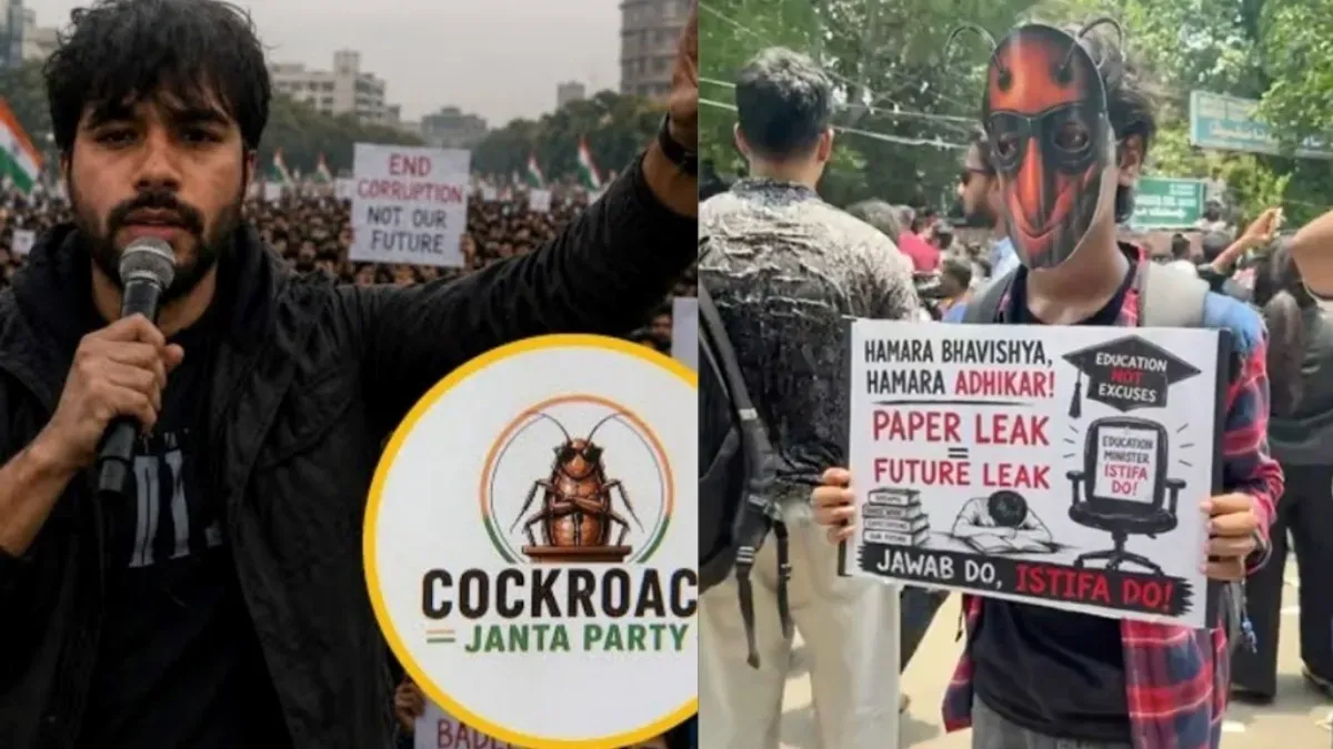 A protest sign with a stylized cockroach symbol being held up amidst a crowd at Jantar Mantar, Delhi.