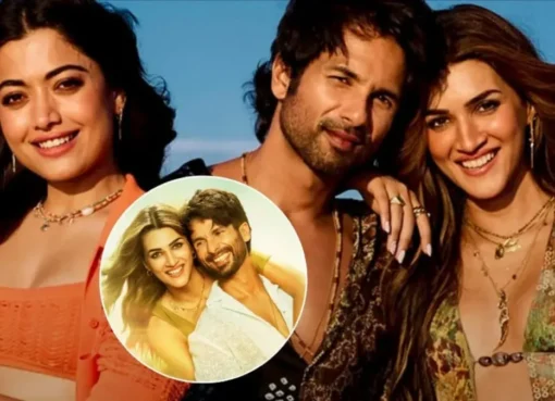 Shahid Kapoor, Kriti Sanon, and Rashmika Mandanna smiling on the set or poster of Cocktail 2, looking fresh and vibrant.