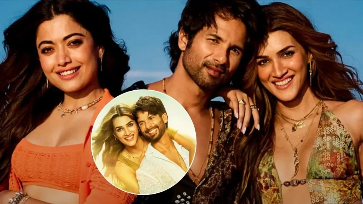 Shahid Kapoor, Kriti Sanon, and Rashmika Mandanna smiling on the set or poster of Cocktail 2, looking fresh and vibrant.