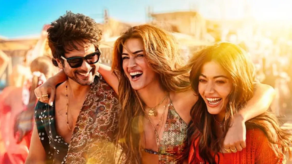 Movie poster for Cocktail 2 featuring Shahid Kapoor, Kriti Sanon, and Rashmika Mandanna.