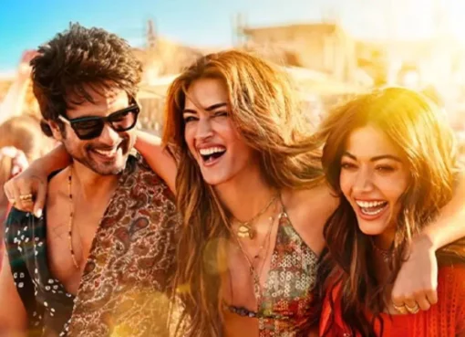 Promotional image for the movie Cocktail 2 featuring Shahid Kapoor, Rashmika Mandanna, and Kriti Sanon looking stylish.