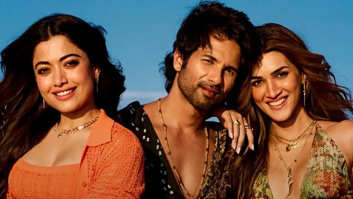Shahid Kapoor, Kriti Sanon, and Rashmika Mandanna in a still from Cocktail 2.