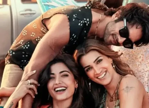 Shahid Kapoor, Kriti Sanon, and Rashmika Mandanna smiling.