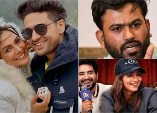A collage showing Samay Raina on a stage and Gaurav Khanna looking thoughtful.