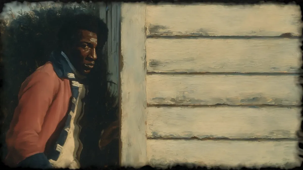 A screenshot from a documentary showing historical figures.