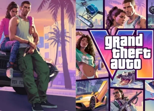 A vibrant, neon-lit image showing characters and vehicles from Grand Theft Auto VI, hinting at its Vice City aesthetic.