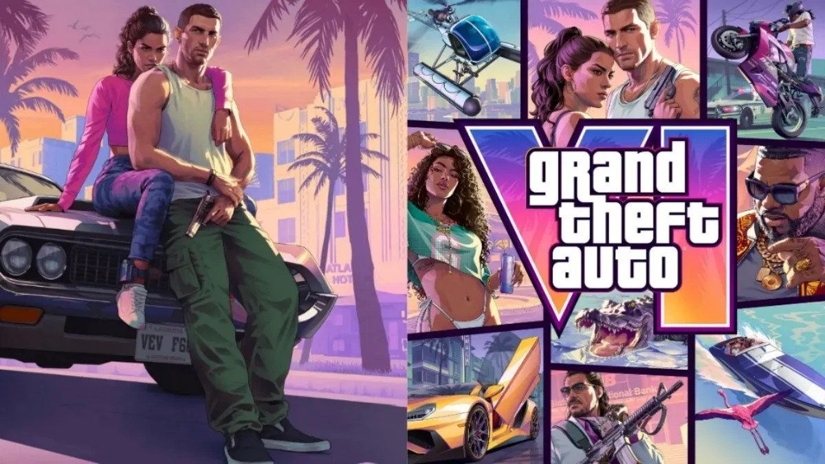 A vibrant, neon-lit image showing characters and vehicles from Grand Theft Auto VI, hinting at its Vice City aesthetic.