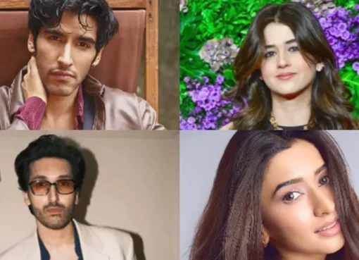 A spotlight shining on a group of diverse, excited young faces, symbolizing new talent entering Bollywood.