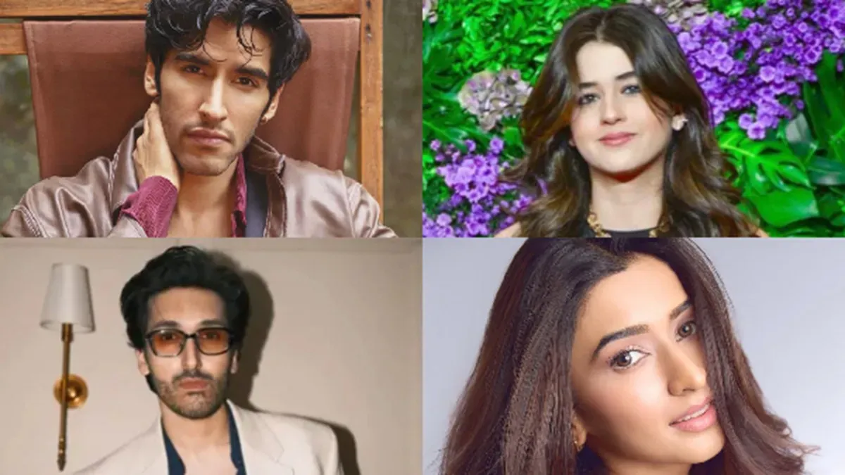 A spotlight shining on a group of diverse, excited young faces, symbolizing new talent entering Bollywood.