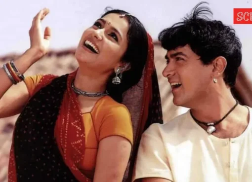 Still from the movie Lagaan showing actors dancing.