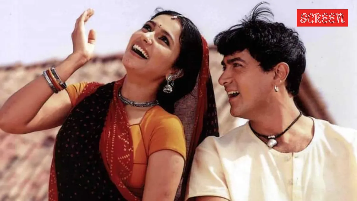Still from the movie Lagaan showing actors dancing.