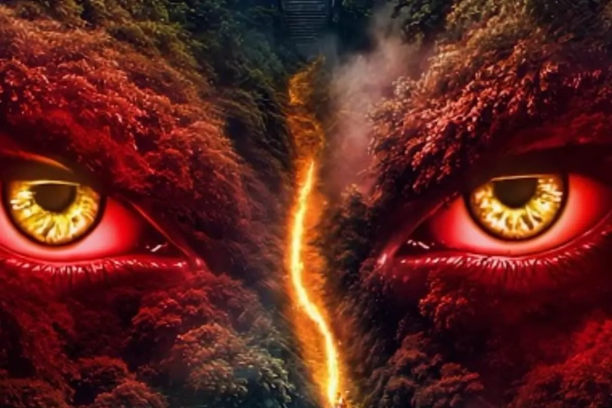 Sidharth Malhotra and Tamannaah Bhatia looking intense in a dynamic, lush forest setting, possibly from their film Vvan: Force of the Forest.