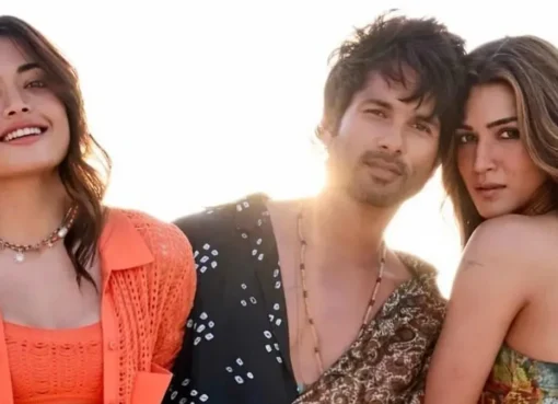 Promotional image for Cocktail 2 featuring Shahid Kapoor, Kriti Sanon, and Rashmika Mandanna looking excited.