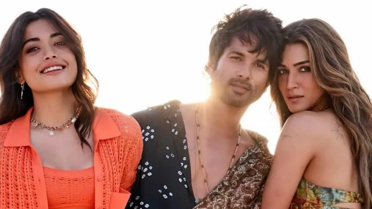 Promotional image for Cocktail 2 featuring Shahid Kapoor, Kriti Sanon, and Rashmika Mandanna looking excited.