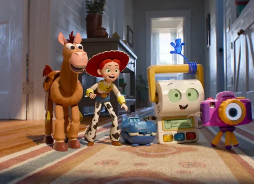 Woody and Buzz Lightyear together in a scene from Toy Story 5