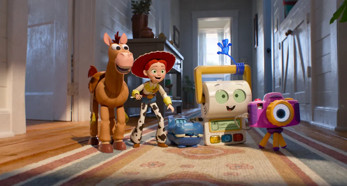 Woody and Buzz Lightyear together in a scene from Toy Story 5