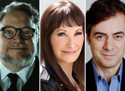 Academy Museum building with images of Guillermo del Toro, John Gore, and Gale Anne Hurd.