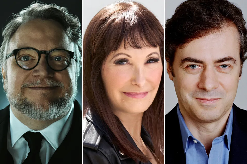 Academy Museum building with images of Guillermo del Toro, John Gore, and Gale Anne Hurd.