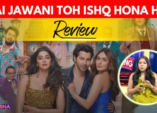 Varun Dhawan, Pooja Hegde, and Mrunal Thakur smiling on the 'Hai Jawani Toh Ishq Hona Hai' movie poster.