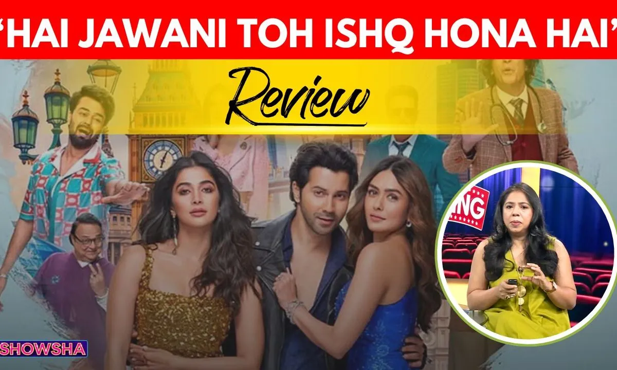 Varun Dhawan, Pooja Hegde, and Mrunal Thakur smiling on the 'Hai Jawani Toh Ishq Hona Hai' movie poster.
