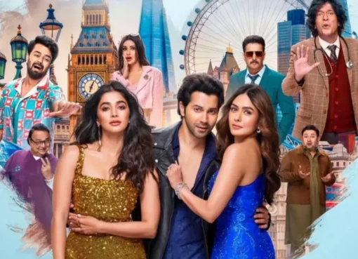 Poster of Hai Jawani Toh Ishq Hona Hai featuring Varun Dhawan, Pooja Hegde, and Mrunal Thakur.
