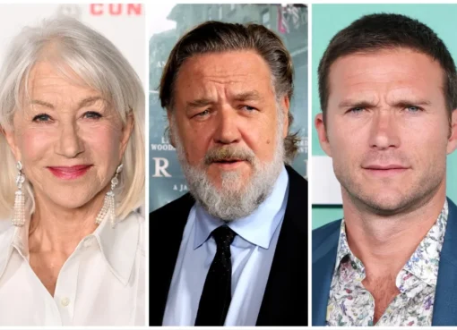 Actors Helen Mirren and Russell Crowe smiling at a film festival event.