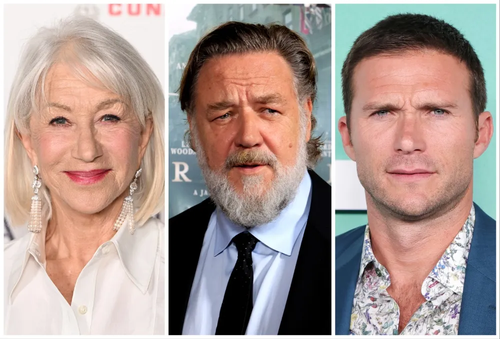 Actors Helen Mirren and Russell Crowe smiling at a film festival event.