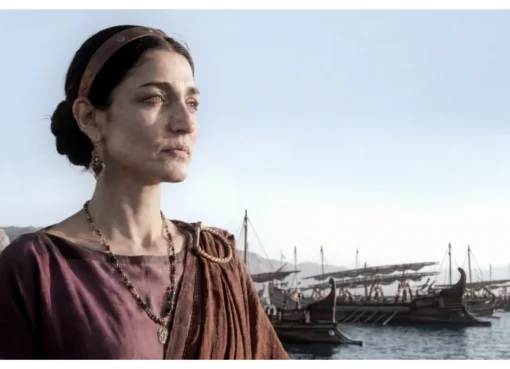 A stylized, slightly grainy image depicting an ancient Roman battle scene, possibly with ships, to evoke the AI-generated archive footage aesthetic.