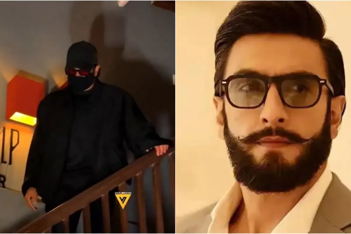 Ranveer Singh walking quickly with his face obscured near an office building.