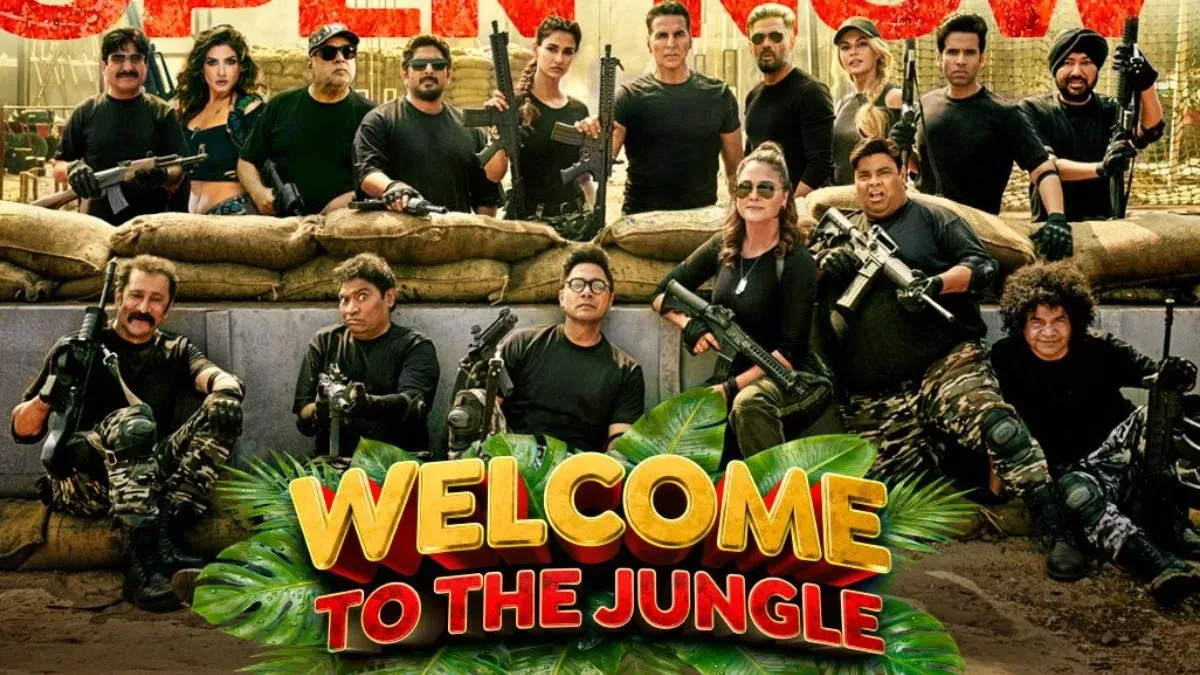 Akshay Kumar looking surprised in a jungle setting from his new movie.