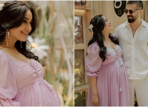 Surbhi Jyoti and Sumit Suri announcing the birth of their baby daughter, with their hands gently cradling or embracing.