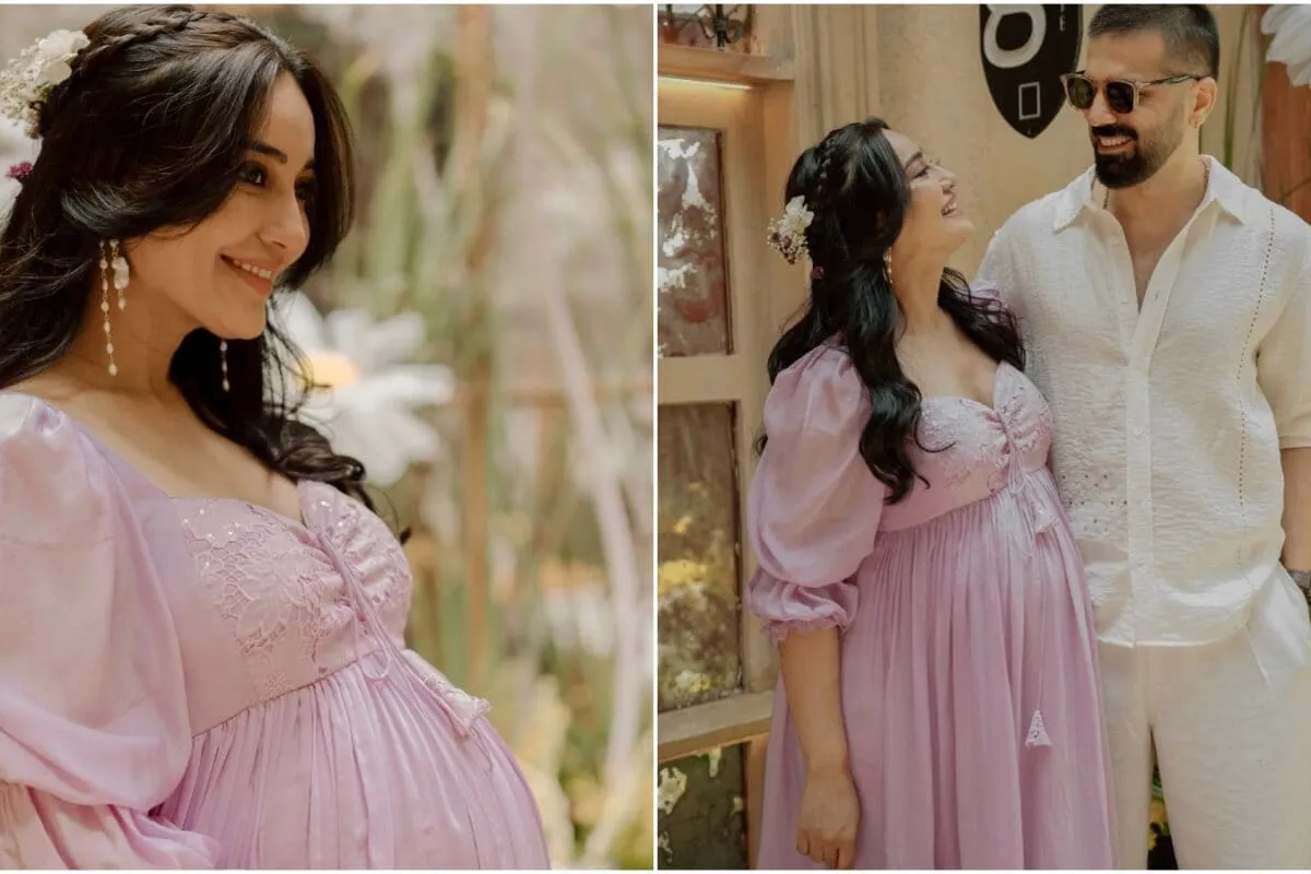 Surbhi Jyoti and Sumit Suri announcing the birth of their baby daughter, with their hands gently cradling or embracing.